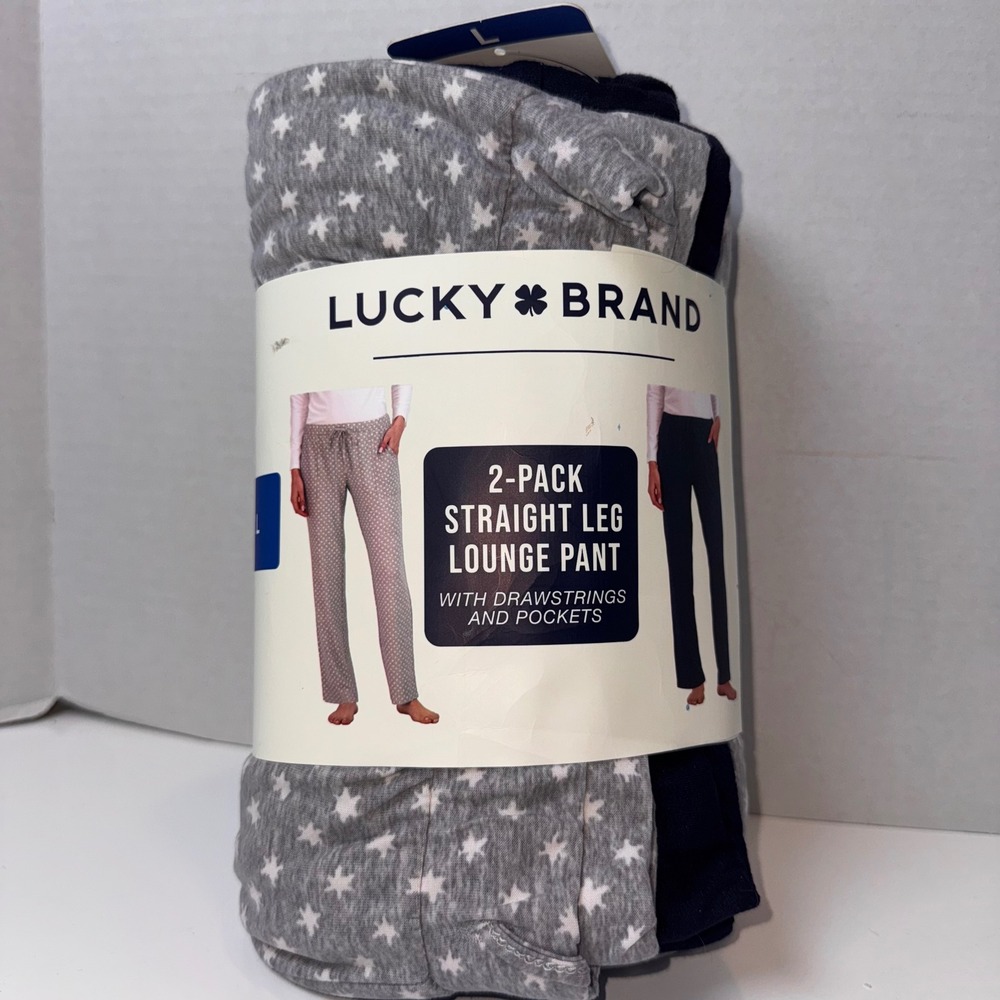 Lucky Brand‎ Lounge Pants Women Large Grey Navy 2-Pack Star Print Straight Leg